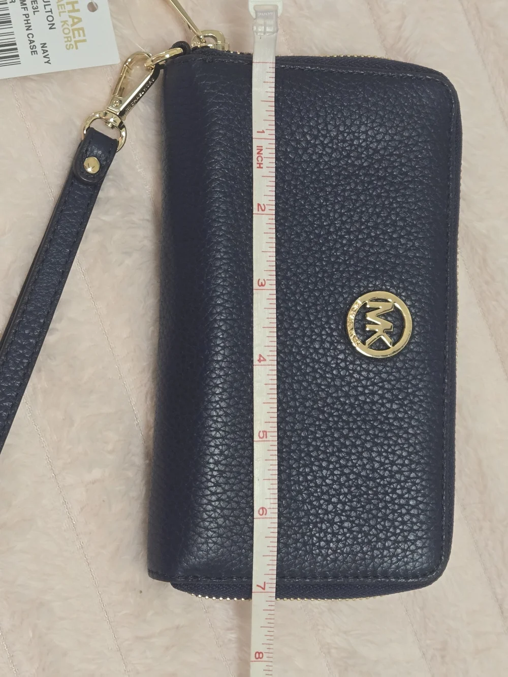 Michael Kors Fulton Large Flat Phone Case Wristlet Navy Pebbled Leather NWT